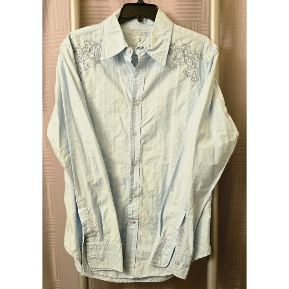 Vtg Guess Co Men Long Sleeve Shirt Embroidered Blue Cotton Boho Western‎ Small